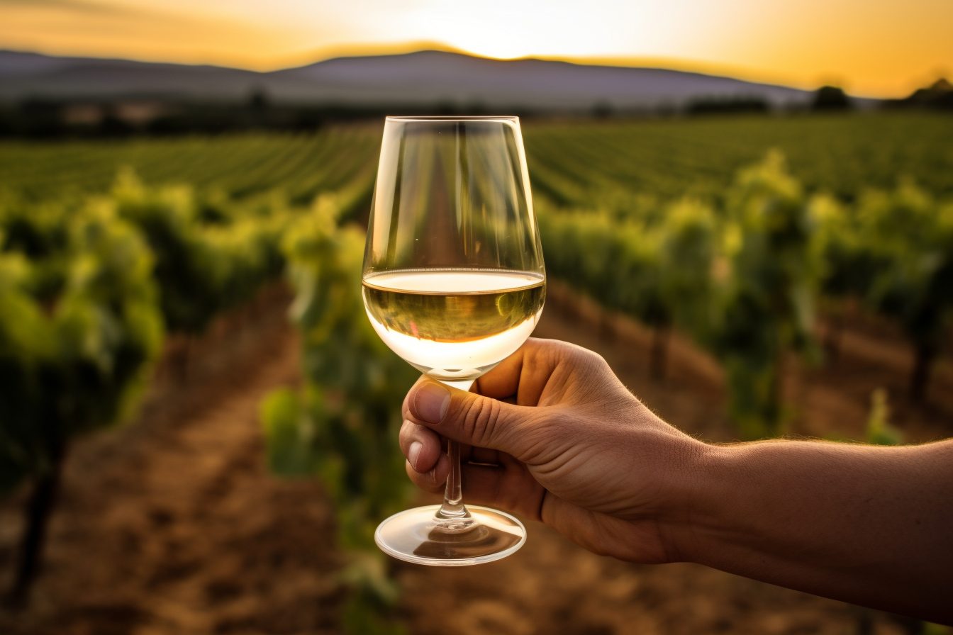 sauvignon blanc verre et vigne en arriere plan