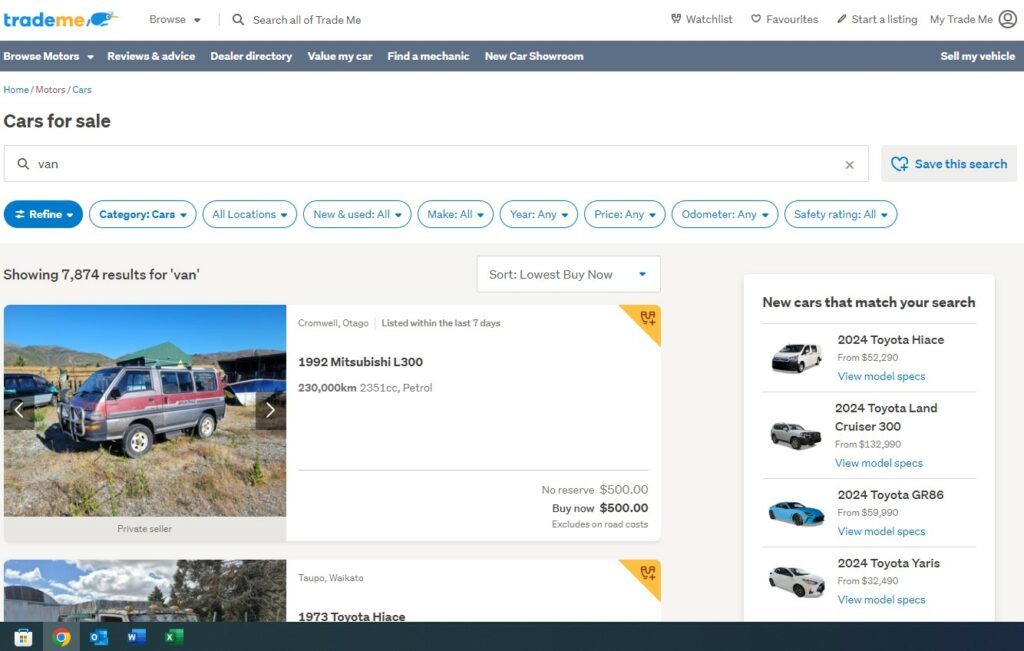 trade me screenshot acheter un van en nouvelle zelande