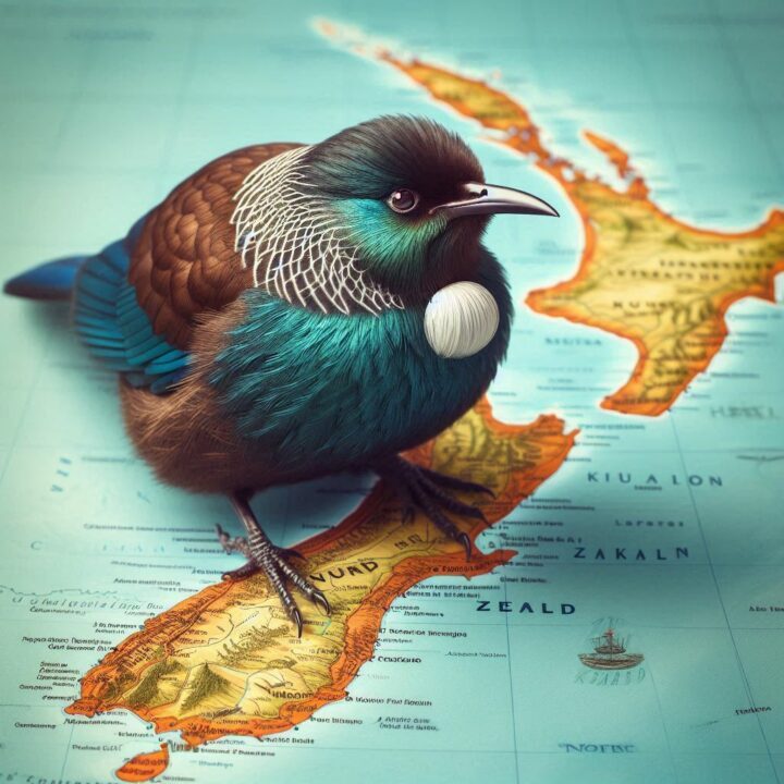 tui assis sur une carte de la nouvelle zealand