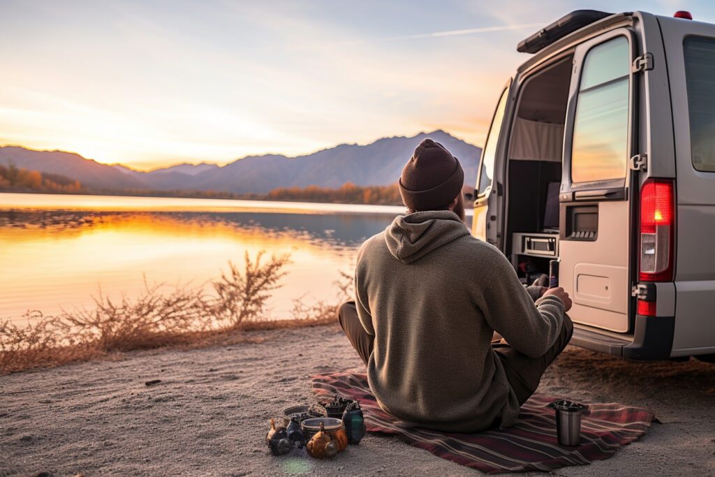 Un voyageur regardant le coucher de soleil