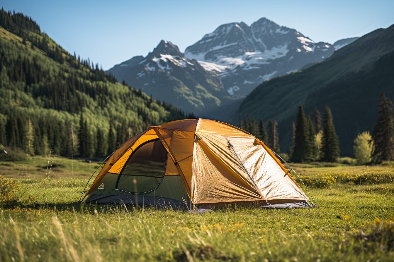 tent grassy field mountains background