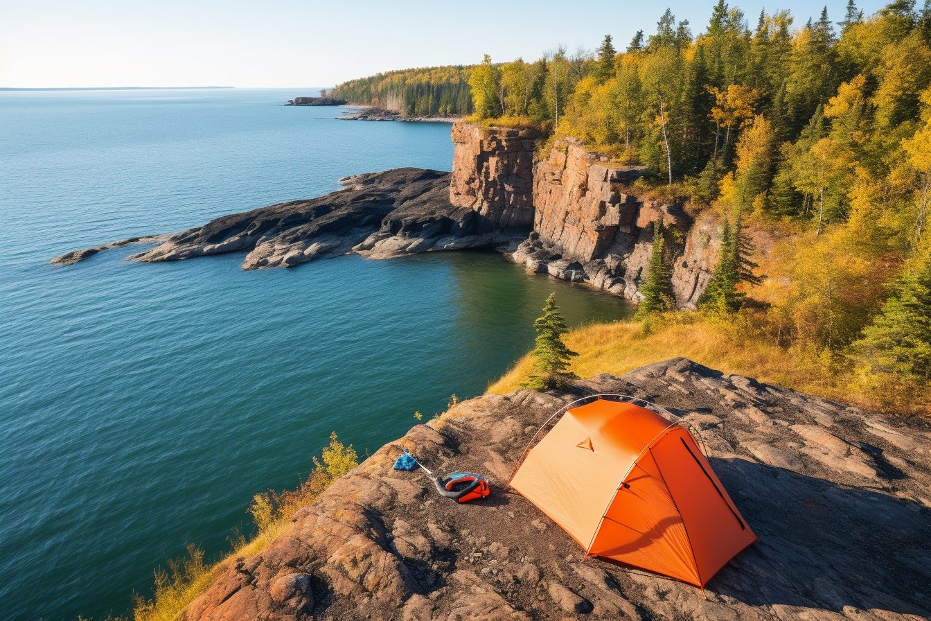 tent rocky cliff overlooking body water