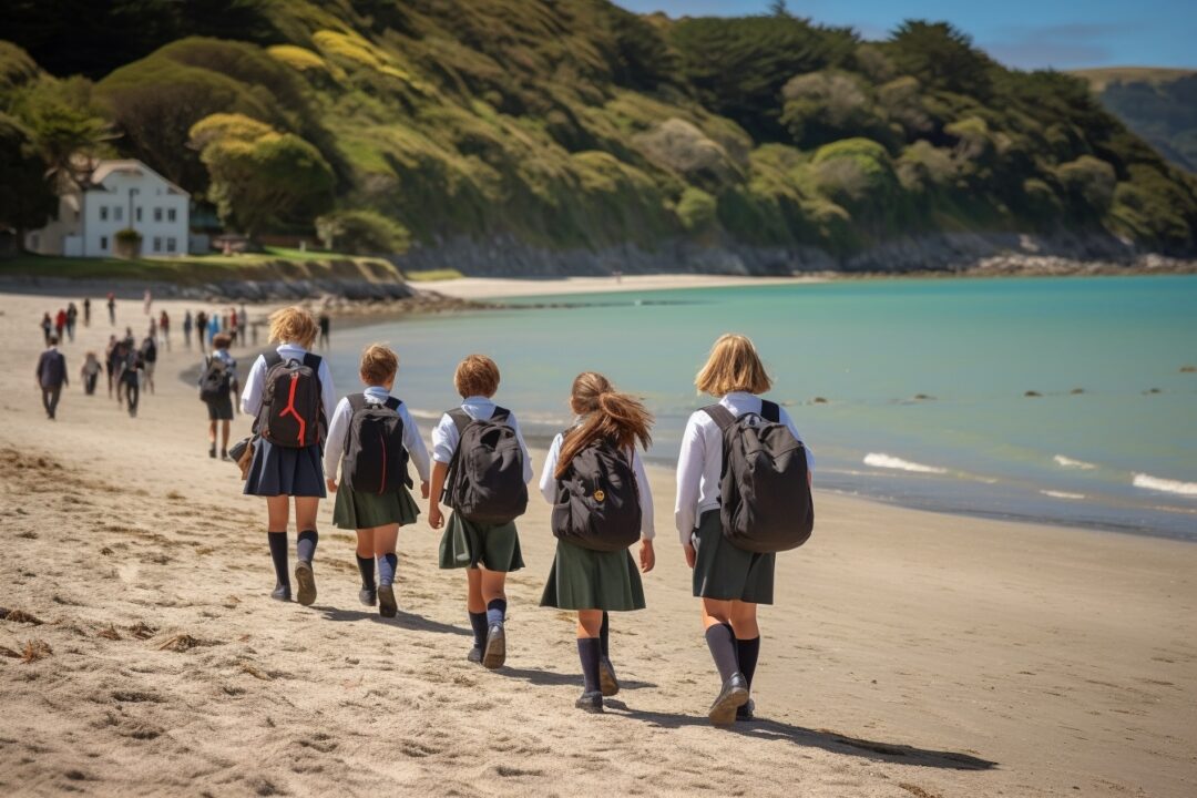 enfants sur la plage en tenue scolaire