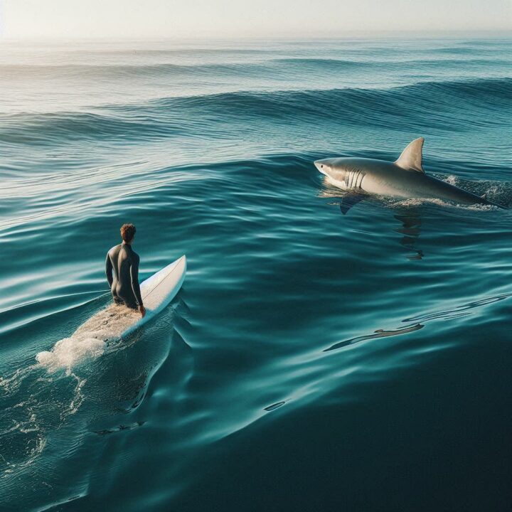 un surfer rencontrant un requin blanc