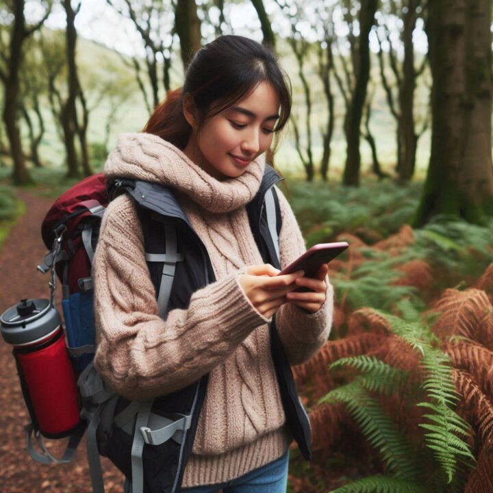 young lady hiking in the forest checking her phone