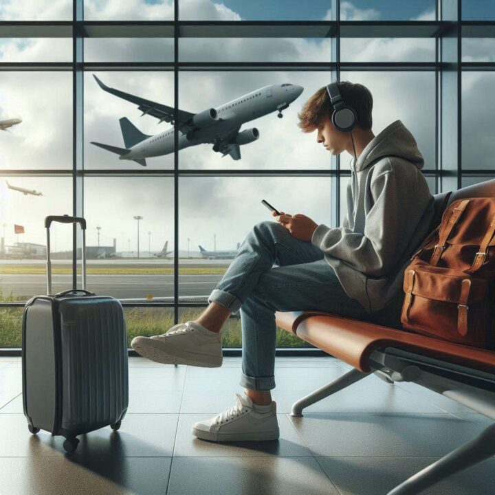 young person at the airport scrolling his phone