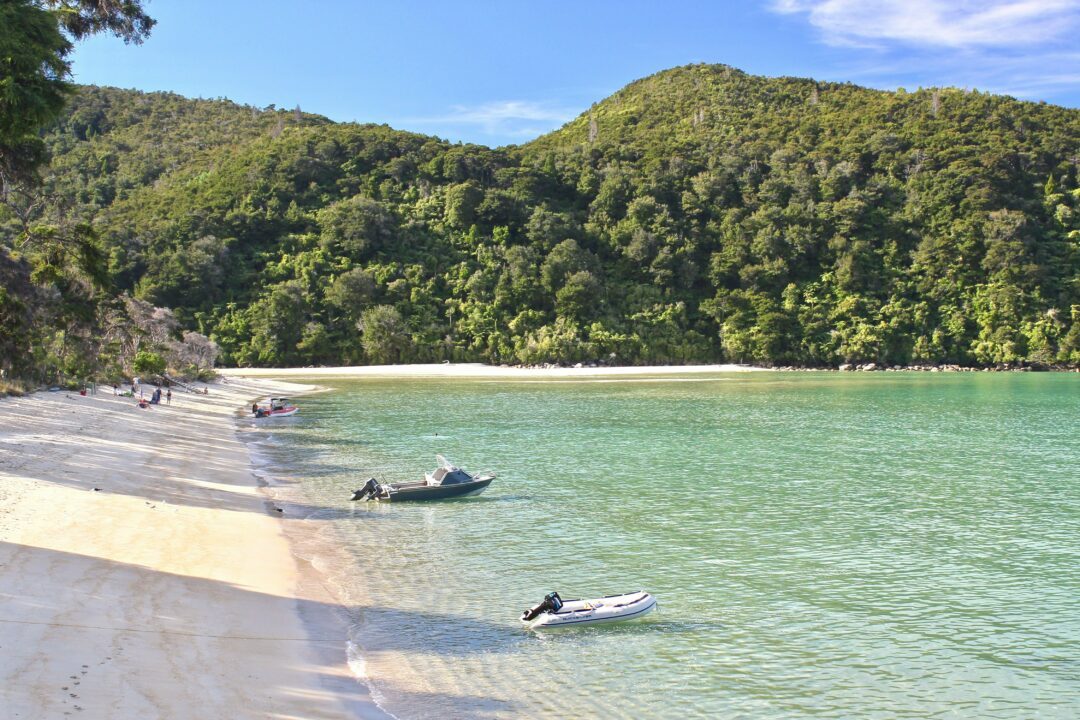 abel tasman beach with boats