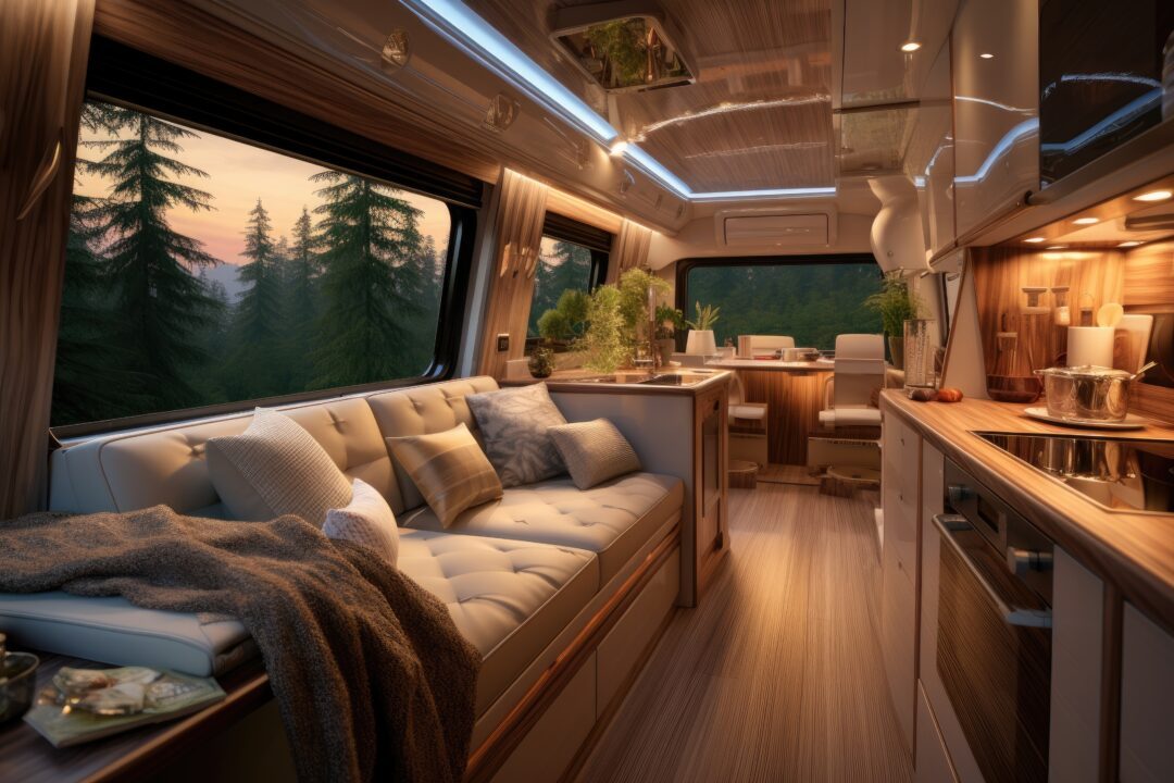 luxury interior motor house with comfortable furniture. generative ai