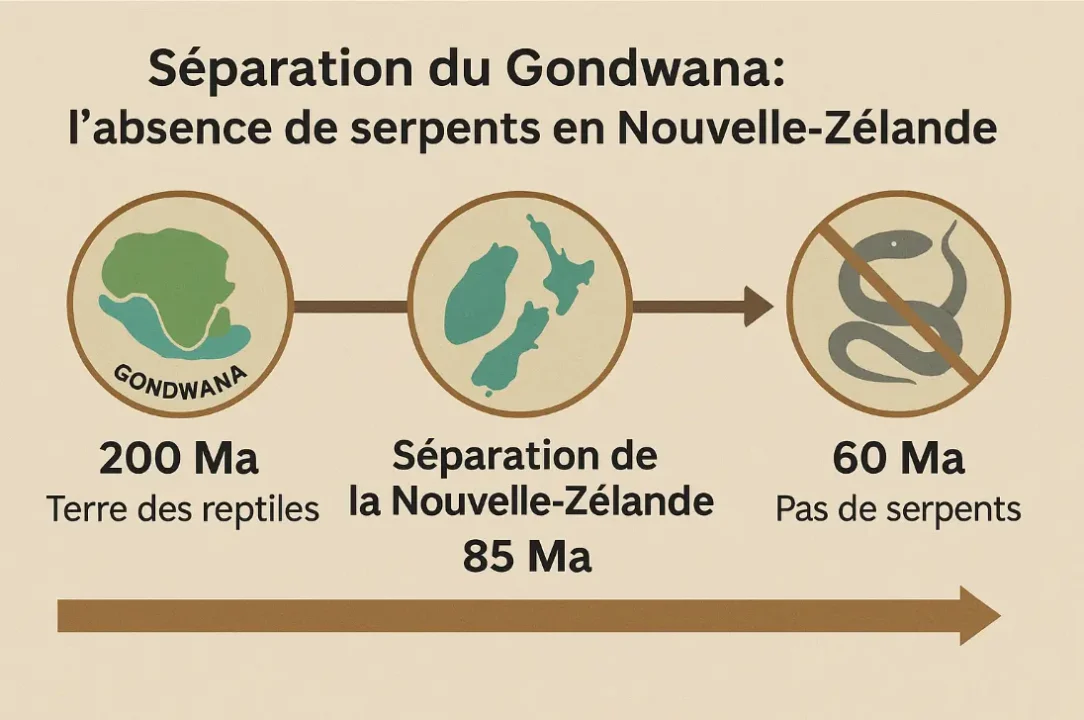 infographie illustrant la séparation géologique de la nouvelle zélande du supercontinent gondwana il y a 85 millions d'années, expliquant l'absence de serpents sur l’archipel