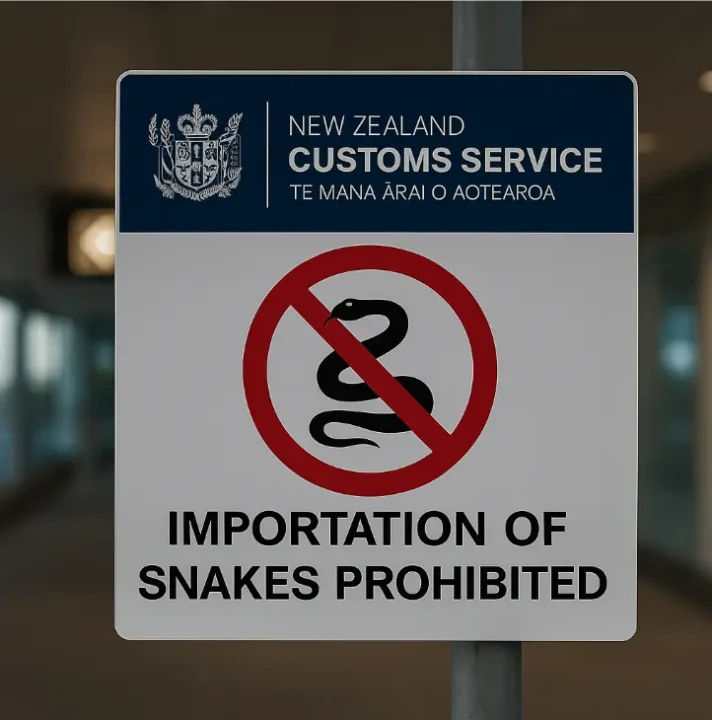 panneau officiel à la douane néo zélandaise affichant l’interdiction d’importer des serpents, avec le logo de la new zealand customs service et une icône de serpent barrée