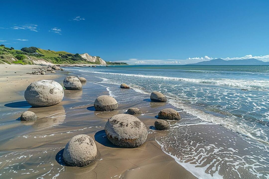 Koekohe beach : découvrez les célèbres rochers sphériques Moeraki sur cette plage unique de Nouvelle-Zélande