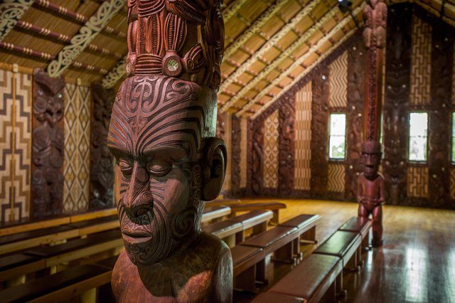 carvings inside te whare rūnanga at the waitangi treaty grounds