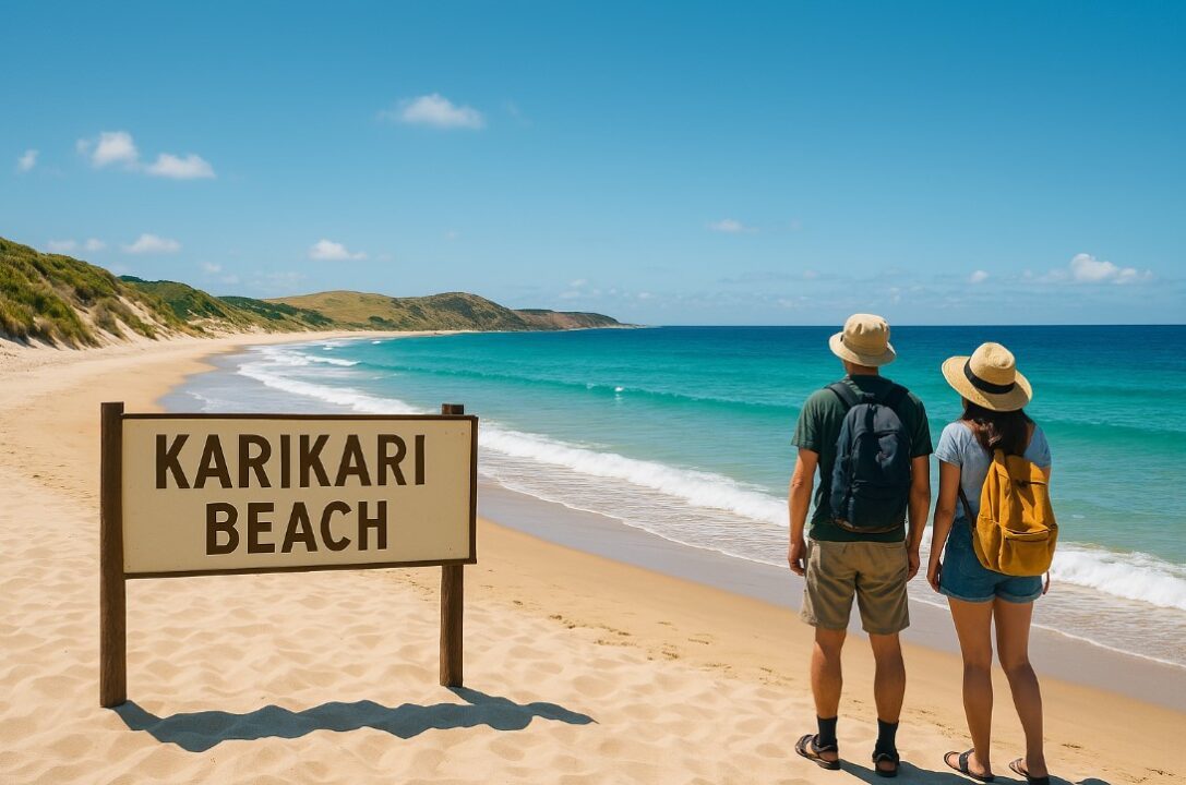 tourist couple arriving at karikari beach