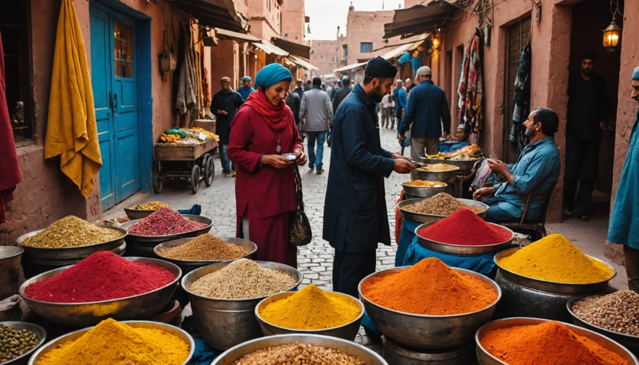 Marche au Moyen orient avec un stand de vente d'epices