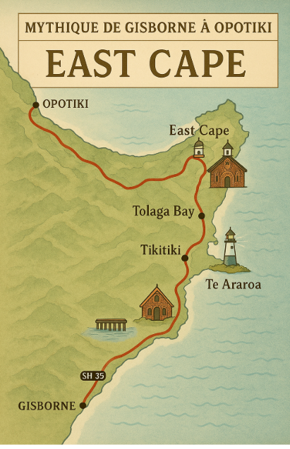 carte stylisée de l’east cape road trip