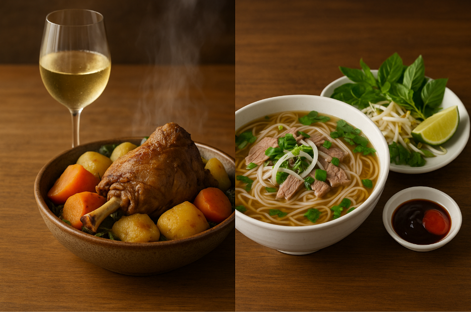 comparaison visuelle entre un plat néo zélandais traditionnel et une soupe vietnamienne emblématique.