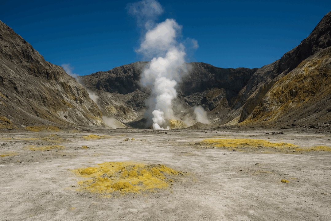 paysage lunaire de white island (whakaari) en nouvelle zélande, sol blanc craquelé, roches jaunes de soufre et fumerolles s’élevant du cratère sous un ciel bleu