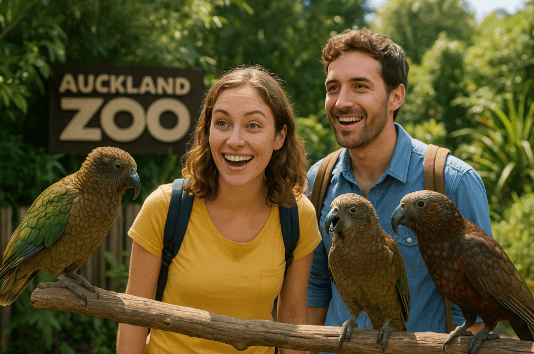 un couple de visiteurs etranger visitent le zoo auckland et decouvrant les keās et kākās