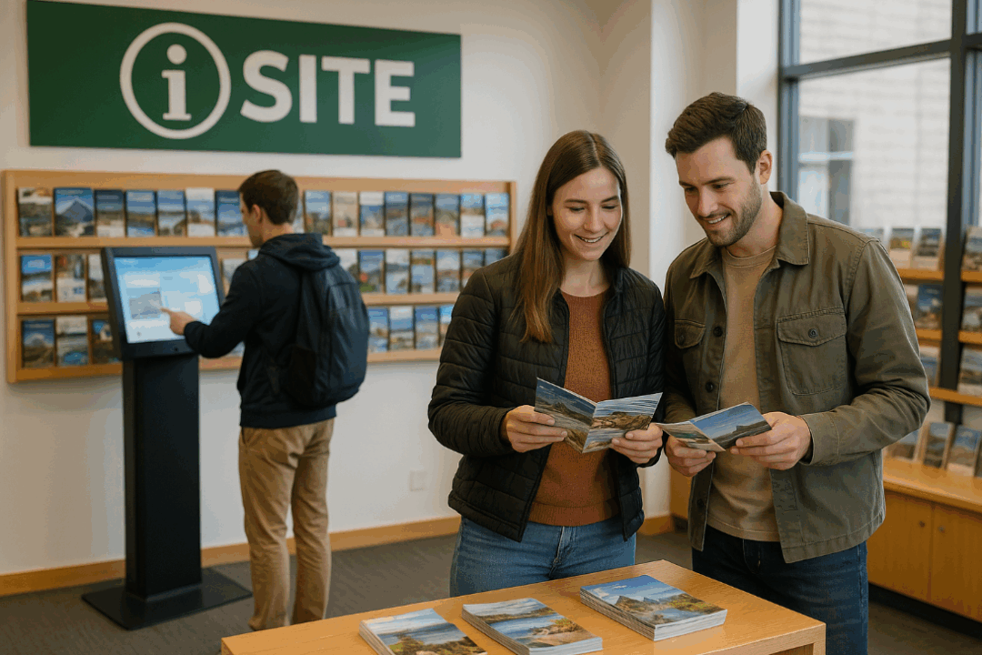un couple de visiteurs feuillette des brochures pendant qu’une autre personne utilise un écran interactif.