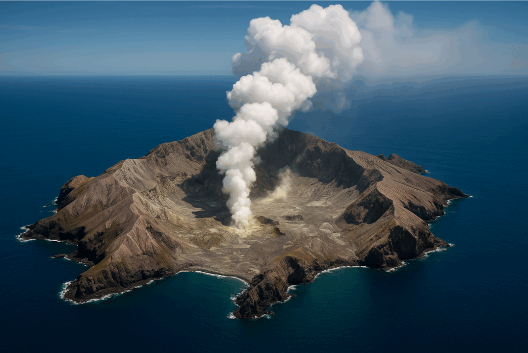 vue aérienne de white island (whakaari) en nouvelle zélande avec un panache de fumée s’élevant du cratère, entourée d’eaux turquoise et de falaises volcaniques