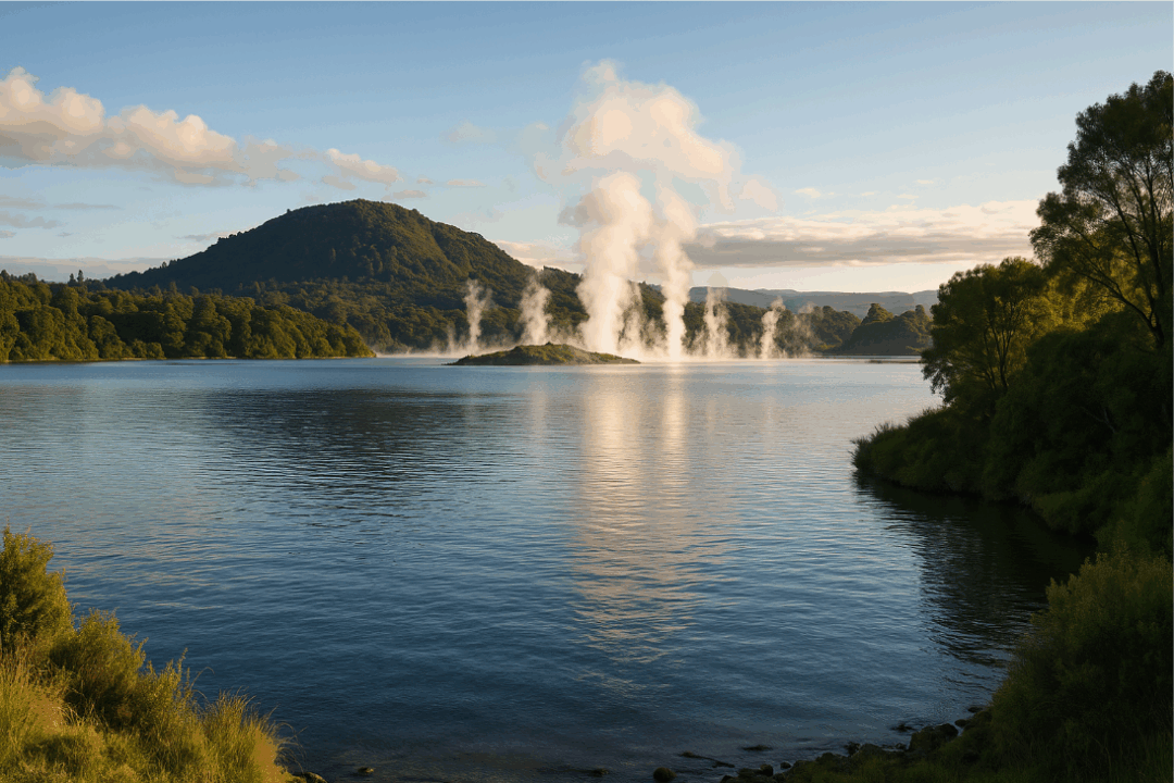 vue panoramique du lac rotorua au lever du soleil, avec des fumerolles géothermiques s’élevant en arrière plan, entouré de collines verdoyantes et d’arbres luxuriants.