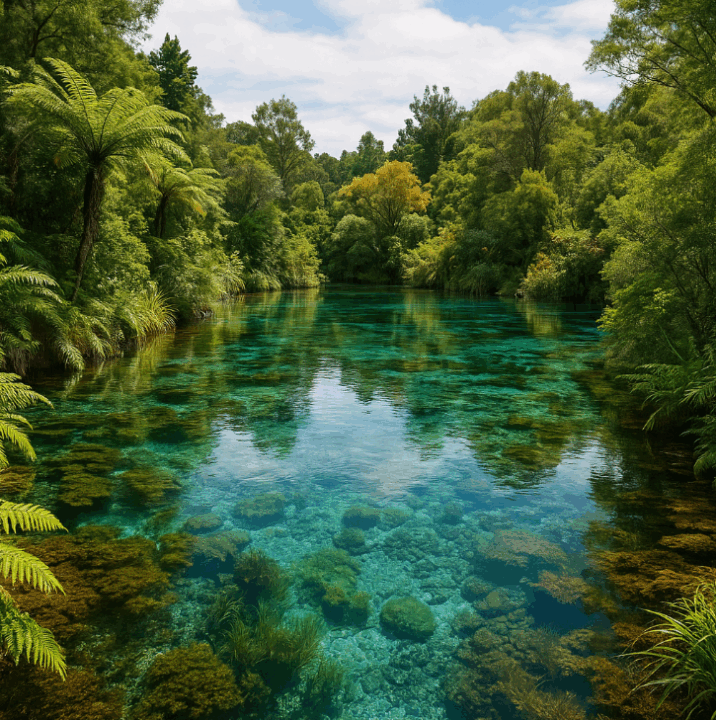 vue réaliste des te waikoropupū springs avec une eau turquoise, végétation et reflet des arbres dans l’eau.