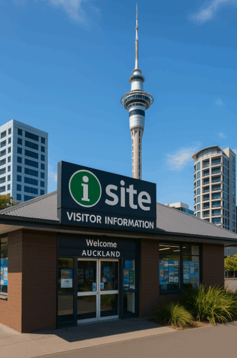 centre i site avec son logo vert et blanc a auckland près de la sky tower