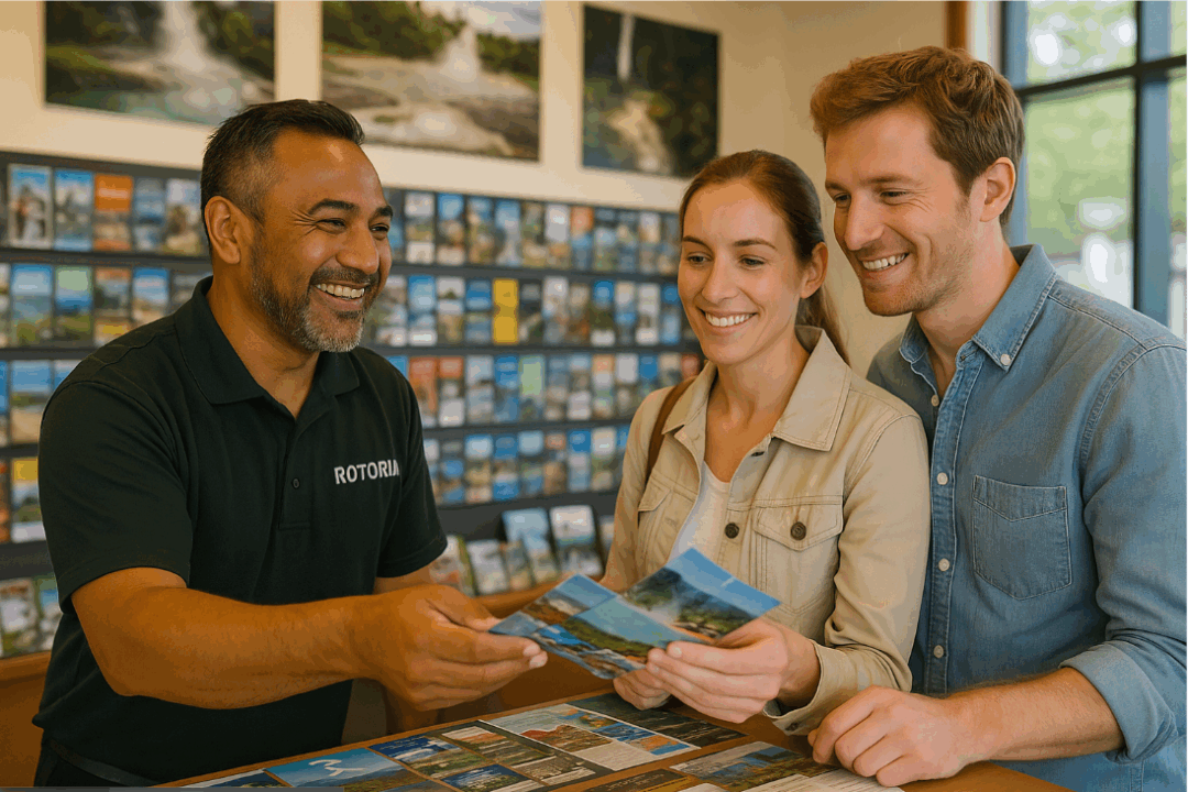 conseiller local souriant donnant des brochures à un couple de visiteurs francais visitant rotorua